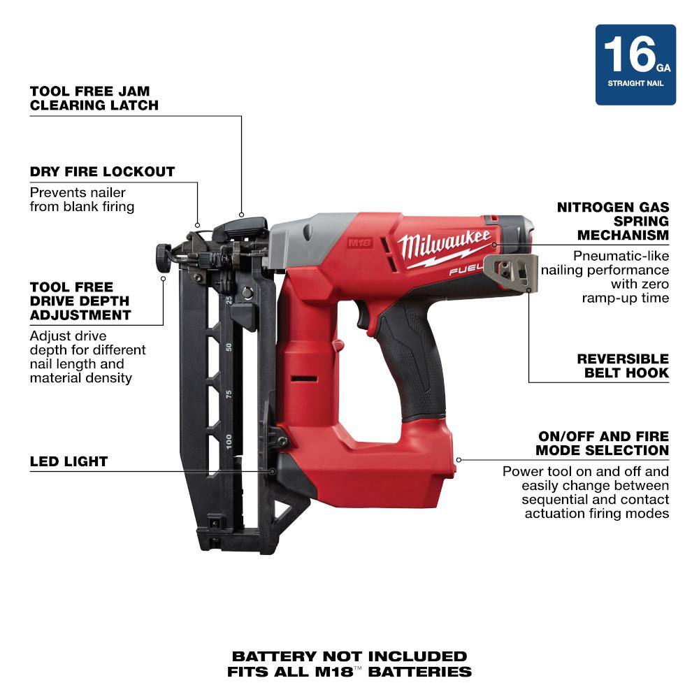 MW M18 FUEL 18-Volt Lithium-Ion Brushless Cordless 16-Gauge Straight Finish Nailer (Tool Only) 2741-20