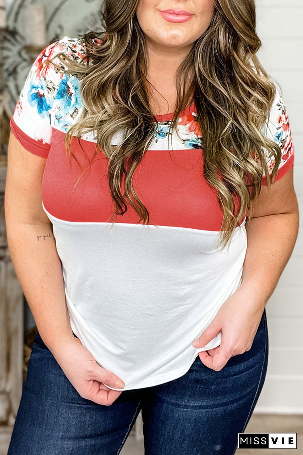 Coral Colorblock Floral Plus Size Tee