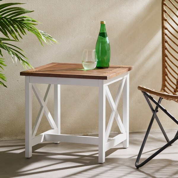 Outdoor Two Toned Side Table with Xshaped Supports and a Slatted Tabletop