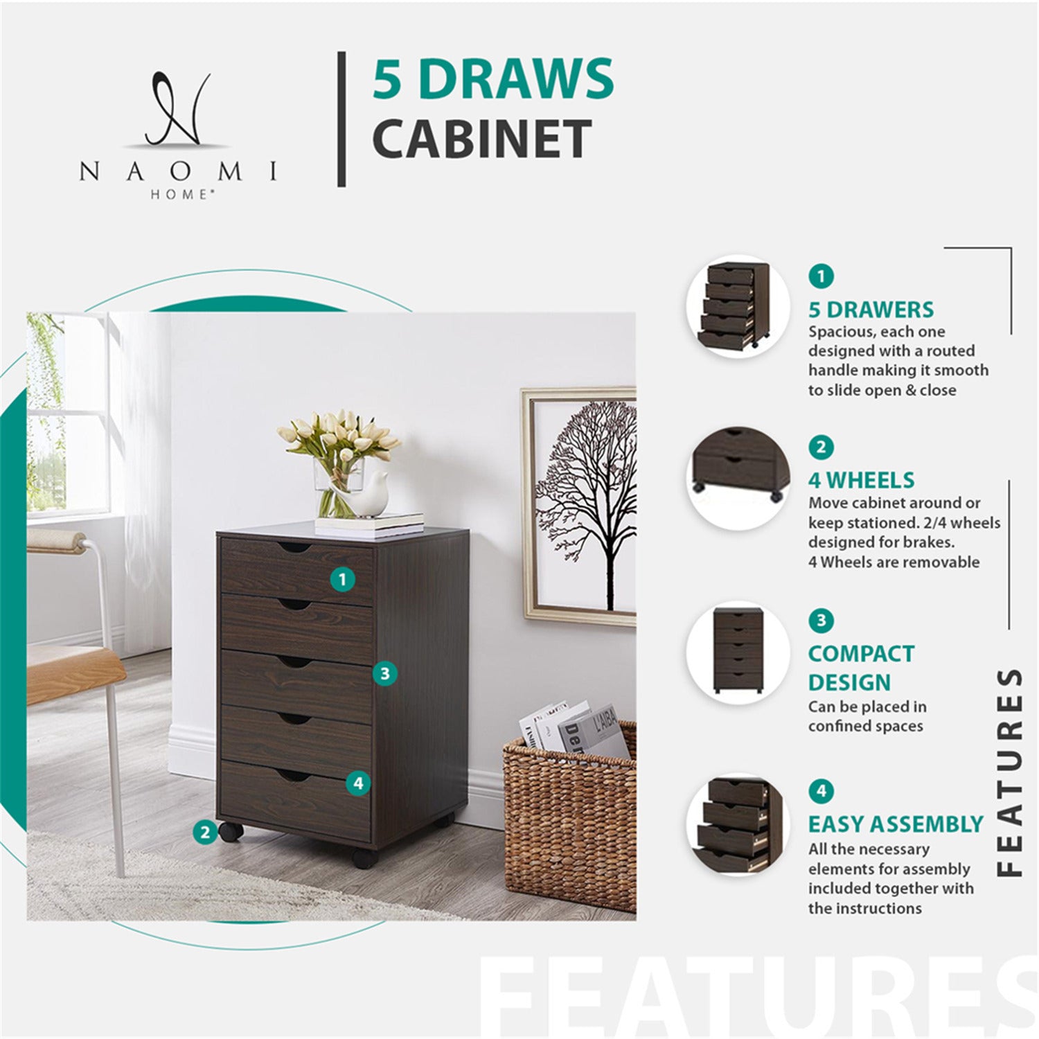 Naomi Home 5 Drawer Dresser, Tall Dressers for Bedroom, Kids Dresser with Wheels, Durable Storage Dresser, Small Dresser for Closet, Makeup Dresser with 180 lbs Capacity - Espresso