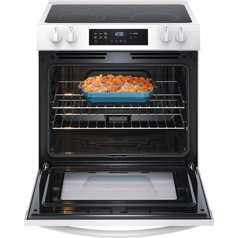 Frigidaire 30 in. 5-Element Slide-In Front Control Electric Range with Steam Clean in White FCFE3062AW