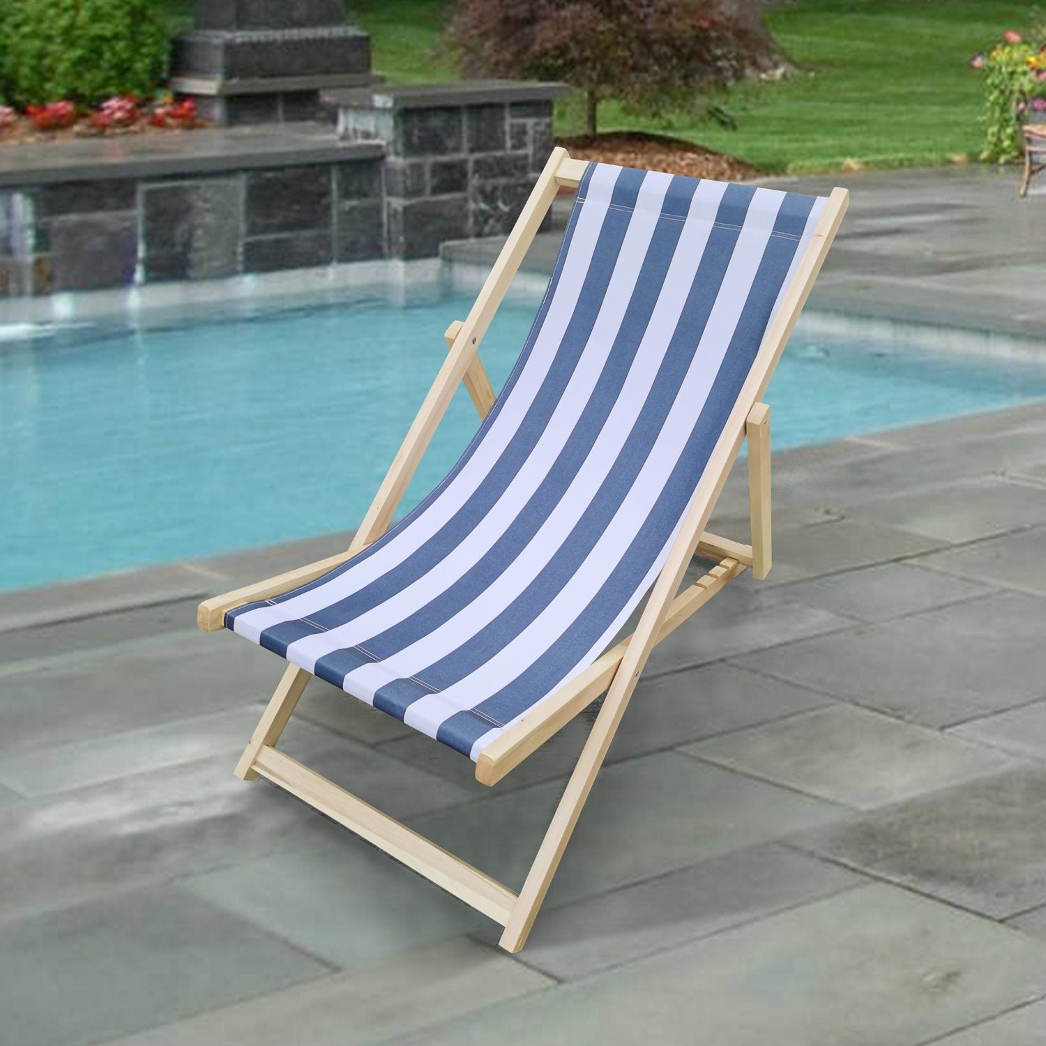 HISTOYE Beach Reclining Chair Outdoor Patio Sling Chair,Portable Garden Pool Beach Lounge Chair Reclining Chair,Lawn Seat for Garden, Swimming Pool and Beach,Blue White Stripes