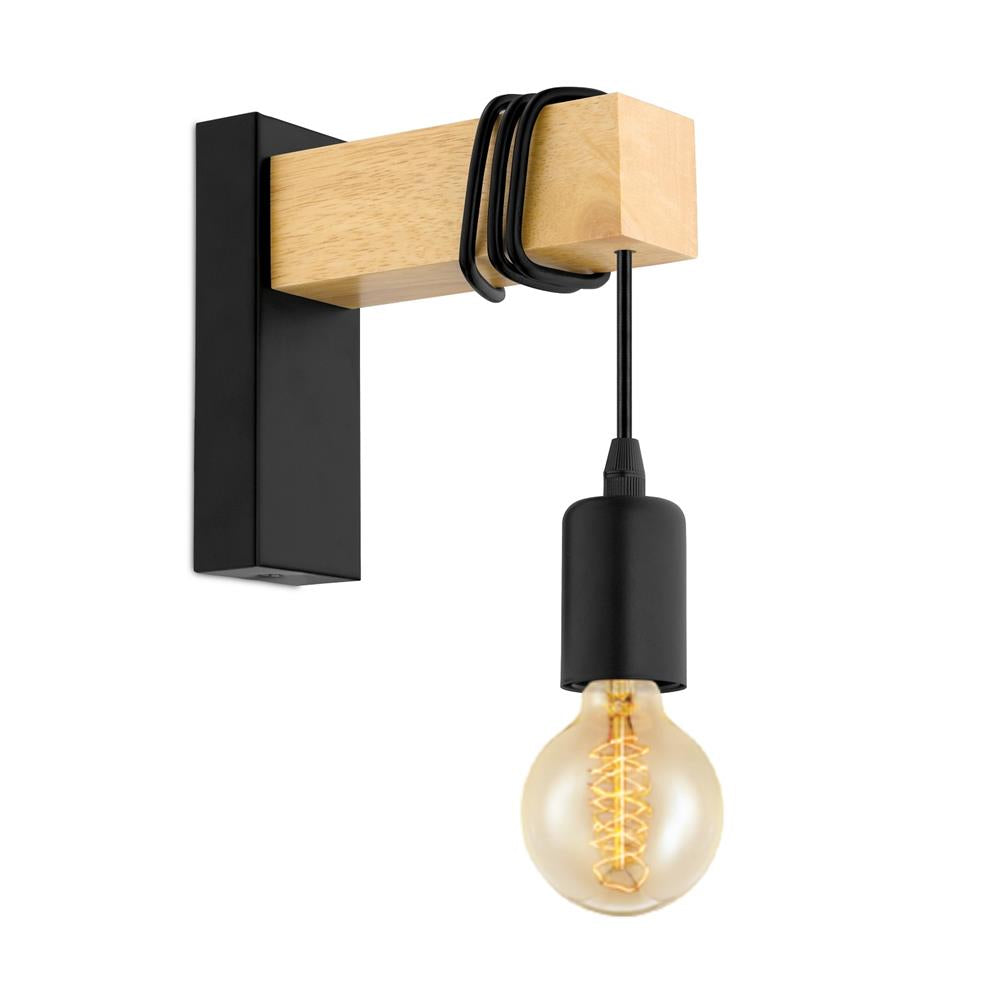 Eglo 32917 Townshend Black & Oak Wood Vintage 1 Lamp Wall Light