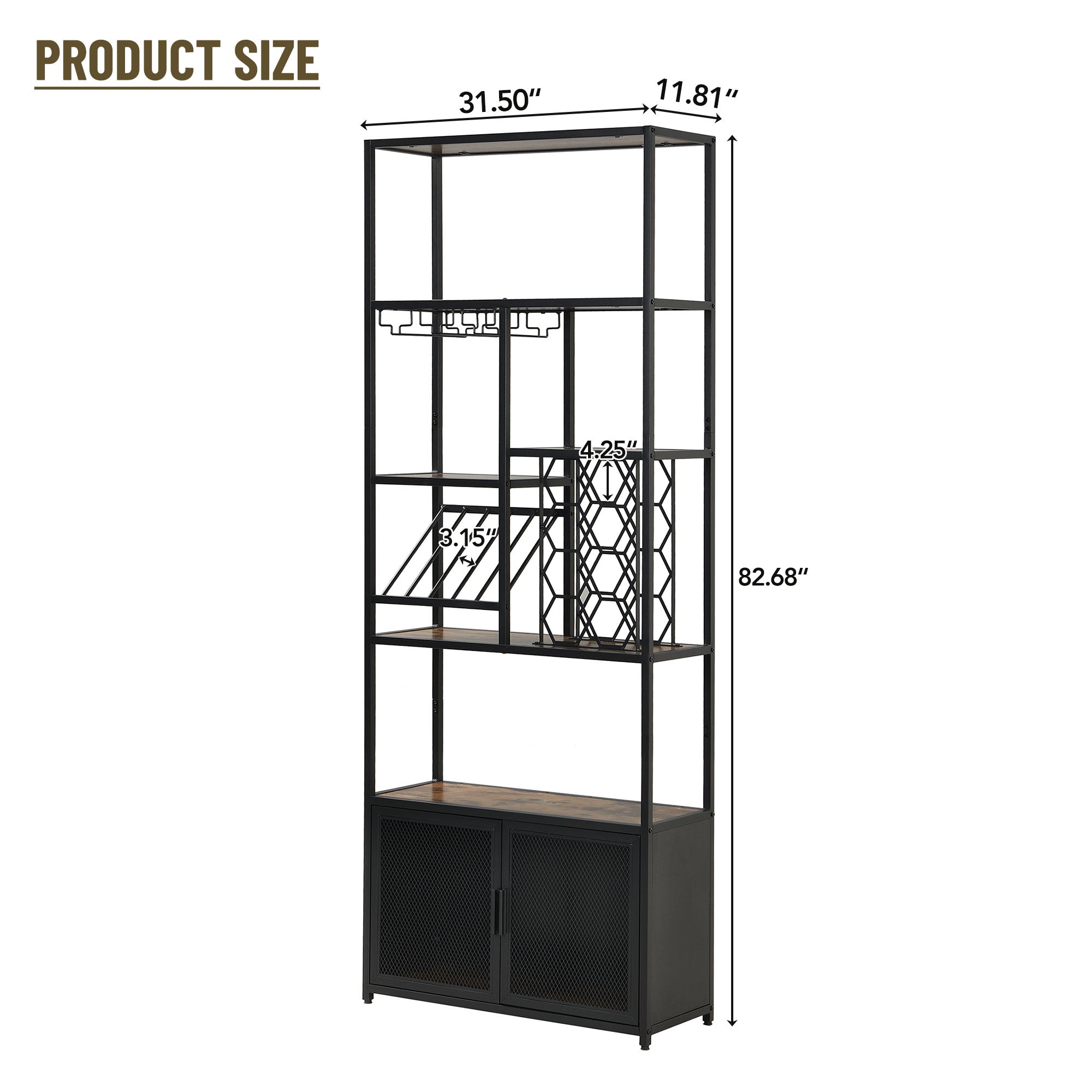 Industrial Vertical Wine Rack with Glass Shelves, 82.7 inch Tall Freestanding Floor Standing Bar Cabinet