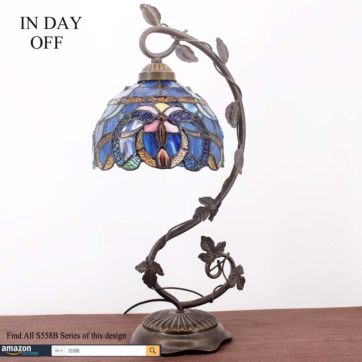 SHADY Tiffany Lamp Cloudy Blue Stained Glass Table Lamp  Metal Leaf Base 8X10X21 Inches Reading Desk Light Decor Small Space Bedside Bedroom Home Office S558 Series