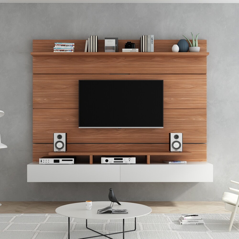 Wall Mounted Floating 80'' Relief TV Stand  Modern Entertainment Center with 2 Drop Down Doors and Multi Purpose Cabinet