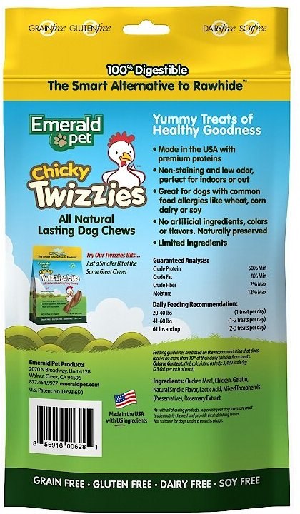 Emerald Pet Chicky Twizzies Grain-Free Dog Treats， 9-in