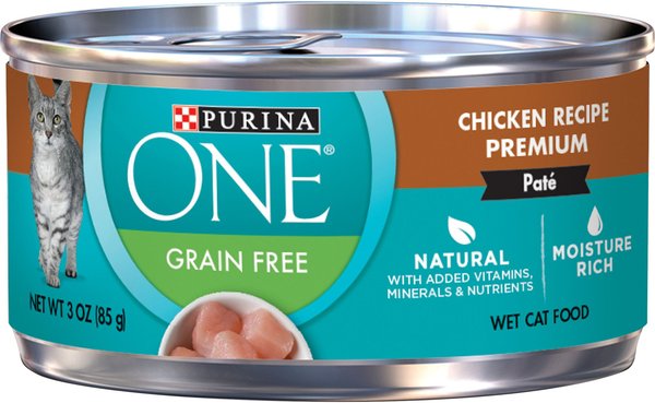 Purina ONE Chicken Recipe Pate Natural Grain-Free Canned Cat Food， 3-oz， case of 24