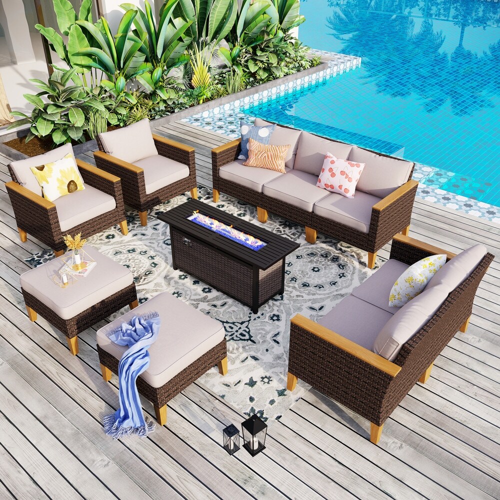 8 Piece Patio Outdoor Wicker Sectional Sofa Furniture Set with Fire Pit Table