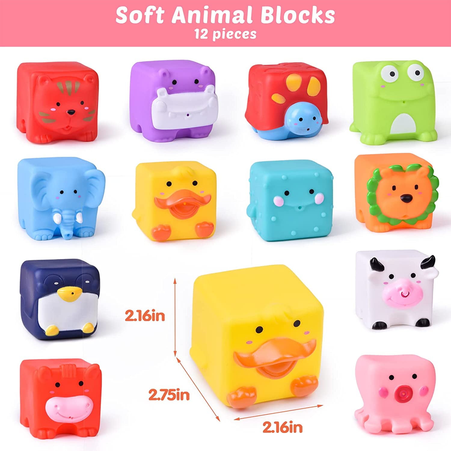 Fun Little Toys 12 Pcs Kids Bath Toys， Soft Cube Bath Squirters for Toddler，Squeeze Water Toys Building Blocks for Kids，Birthday，Xmas Gifts for Boys，Girls