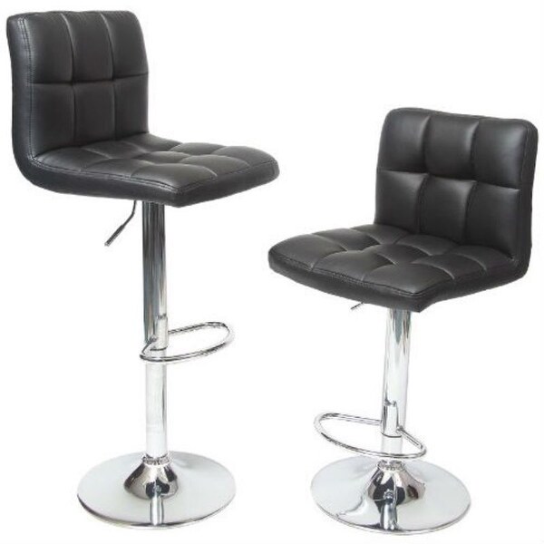 Set of 2 - Adjustable Height Bar Stool with Black Faux Leather Cushion Seat - 17 x 17 x 44 inches