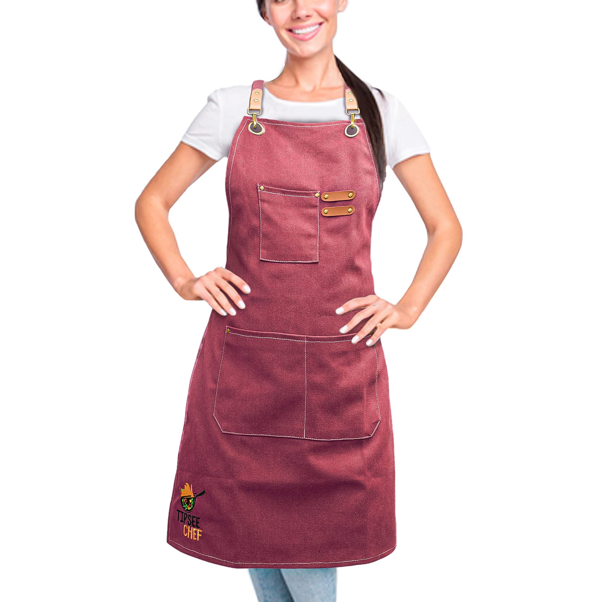 URBAN SOMBRERO Tipsee Chef Kitchen Apron with 3-Pocket Pink Canvas Utility Apron for Cooking， BBQ， Grilling， Welding， Carpentry， Mechanics