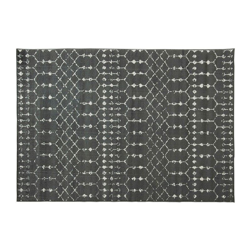 Merrick Lane Ivory Bohemian Low Pile Rug with Dark Gray Geometric Design - 5' x 7'