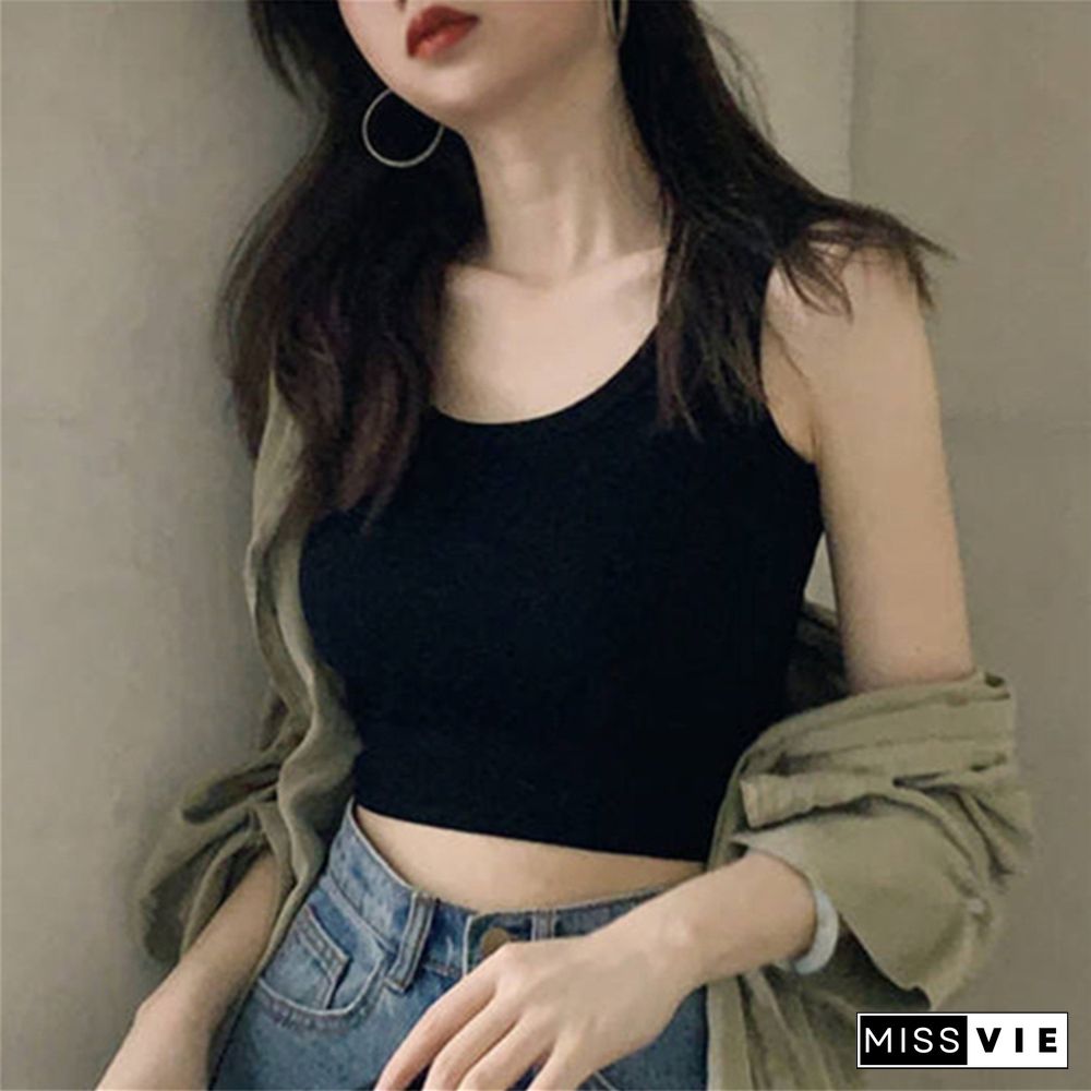 Black Knitted Round Neck Women T-Shirt Sexy Sleeveless Camisole Crop Top Woman Tight Stretch Tank Top Ladies Tee Top Streetwear