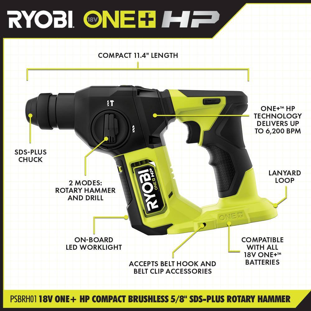 RYOBI ONE+ HP 18V Brushless Cordless Compact 58 in. SDS Rotary Hammer (Tool Only) PSBRH01B