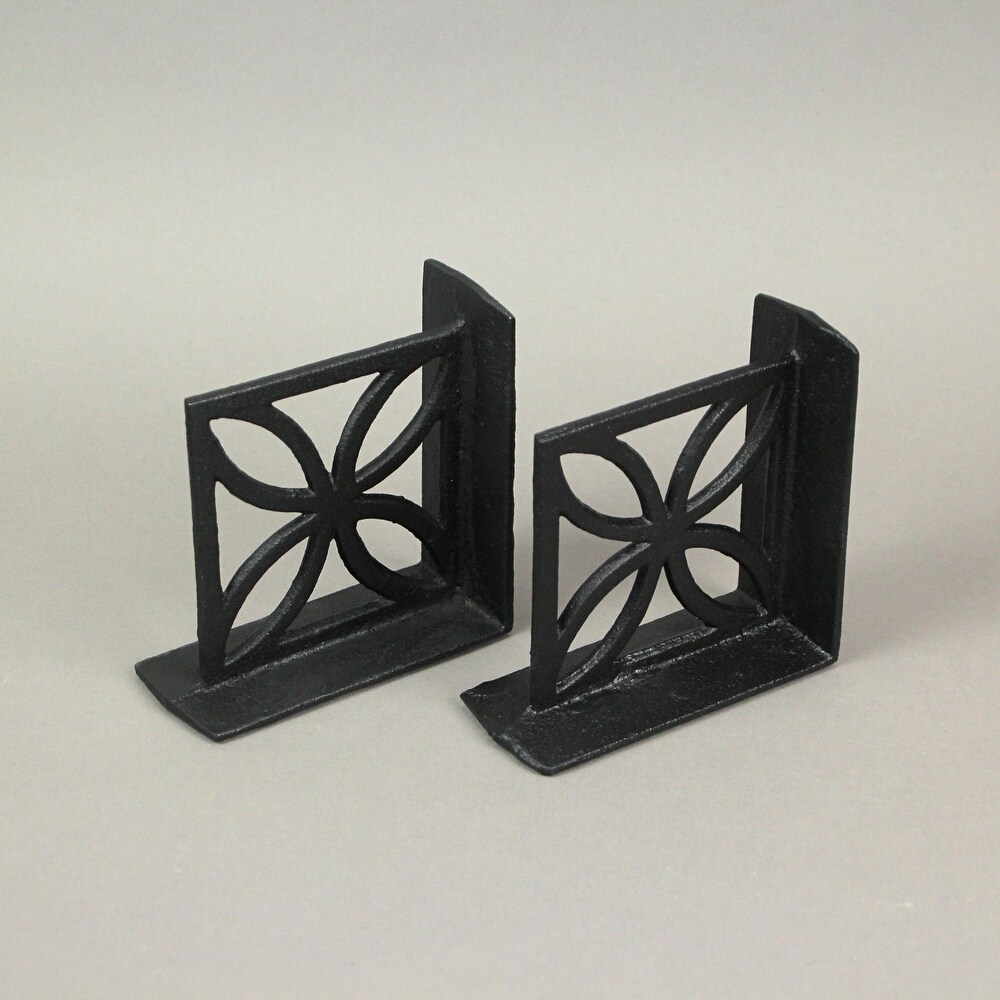 Zeckos Black Cast Iron Floral Breeze Block Bookends (Set Of 2)   5 X 5.25 X 2.25 inches