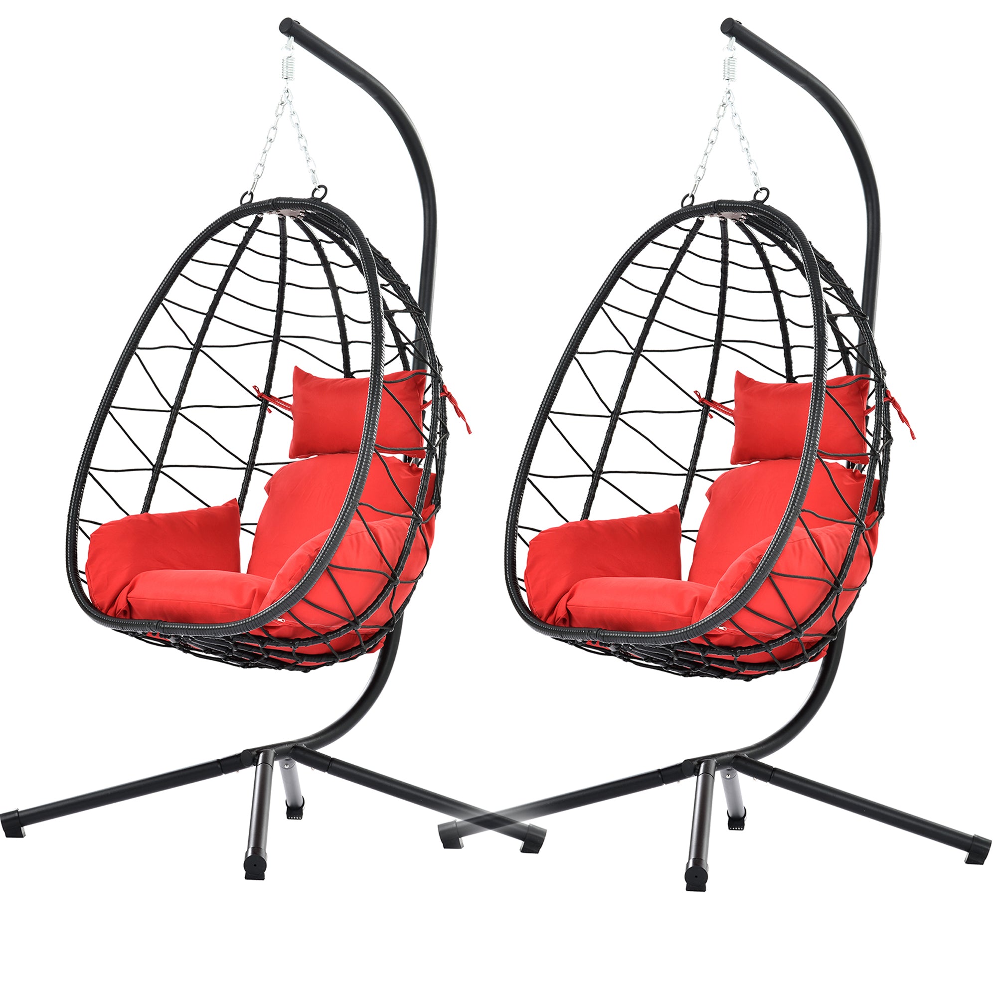 SYNGAR 2 Piece Indoor Outdoor Patio Wicker Hanging Chairs, Swing Hammock Egg Chairs Waterproof Cushions with Steel Frame, 300lbs Capacity for Patio Balcony Bedroom Living Room, Red