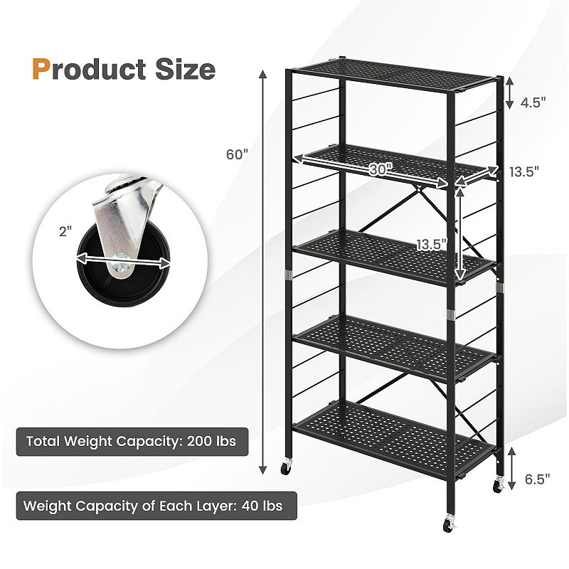 5-tier Adjustable Shelves With Wheels For Garage Kitchen Balcony