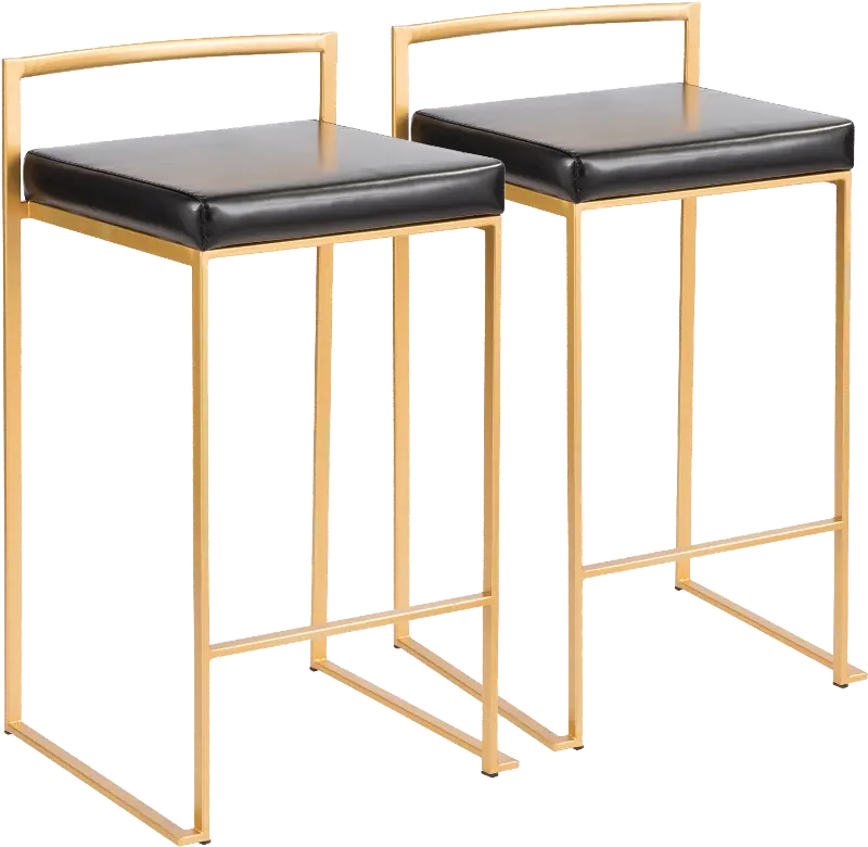 Fuji Low Back Gold and Black Faux Leather Counter Stools， Set of 2