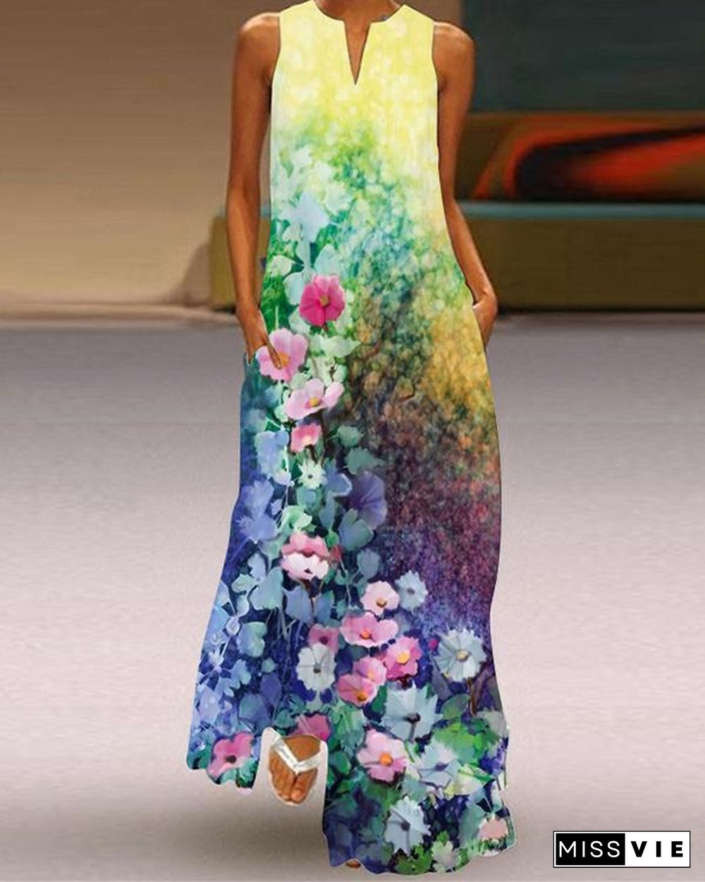 Western Style Sleeveless Pockets Printed Long Dress