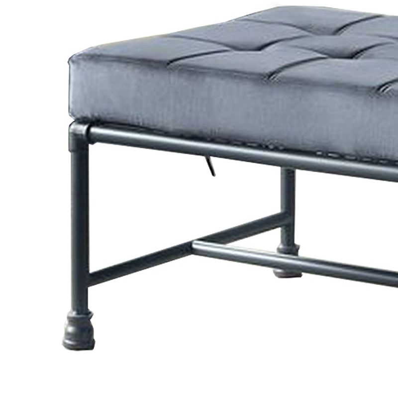 Bench with Button Tufted Seat and Pipe Style Metal Frame， Gray