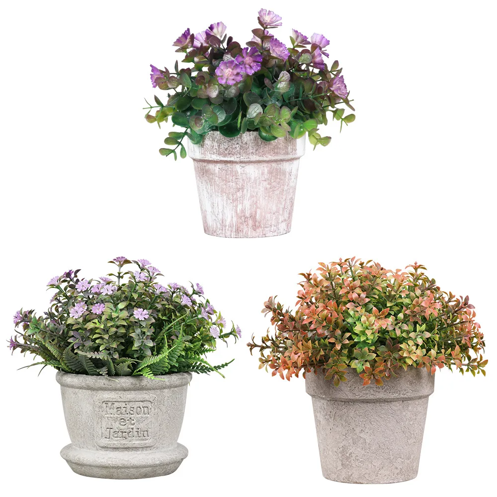 NEW TYPE Mini Potted Artificial Eucalyptus Plants Pack Set Gypsophila Rosemary Greenery in Pots Small Fake Plant Plastic Flower