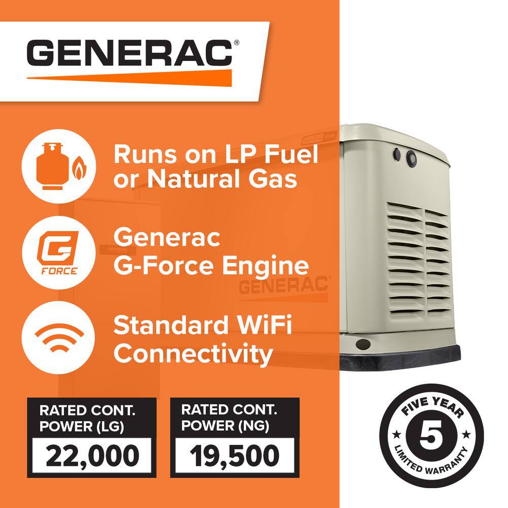 Generac Guardian 22000-Watt (LP)19500-Watt (NG) Air-Cooled Whole House Generator with Wi-Fi and 200-AmpTransfer Switch 7043