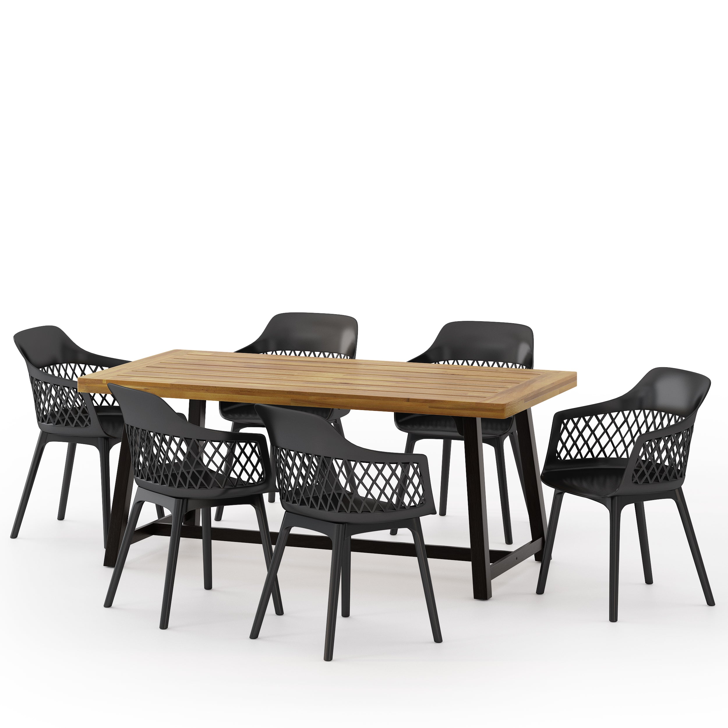 Renata Outdoor Wood and Resin 7 Piece Dining Set, Black and Sandblasted Teak