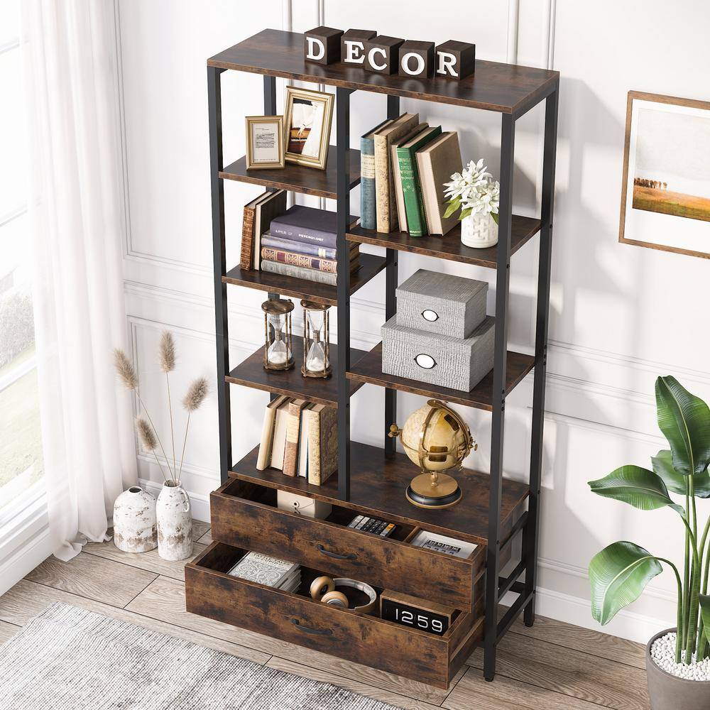 BYBLIGHT Eulas 66.9 in. Rustic Brown Wood 7-Shelf Standard Bookcase 2-Drawers Home Office 31.49 in. W x 11.81 in. D x 66.92 in. H BB-JW0245DT