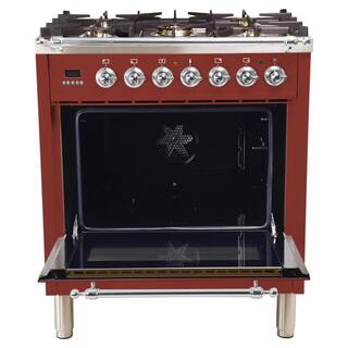 Hallman 30 in. 3.0 cu. ft. Single Oven Dual Fuel Italian Range with True Convection 5 Burners LP Gas Chrome Trim in Burgundy HDFR30CMBGLP