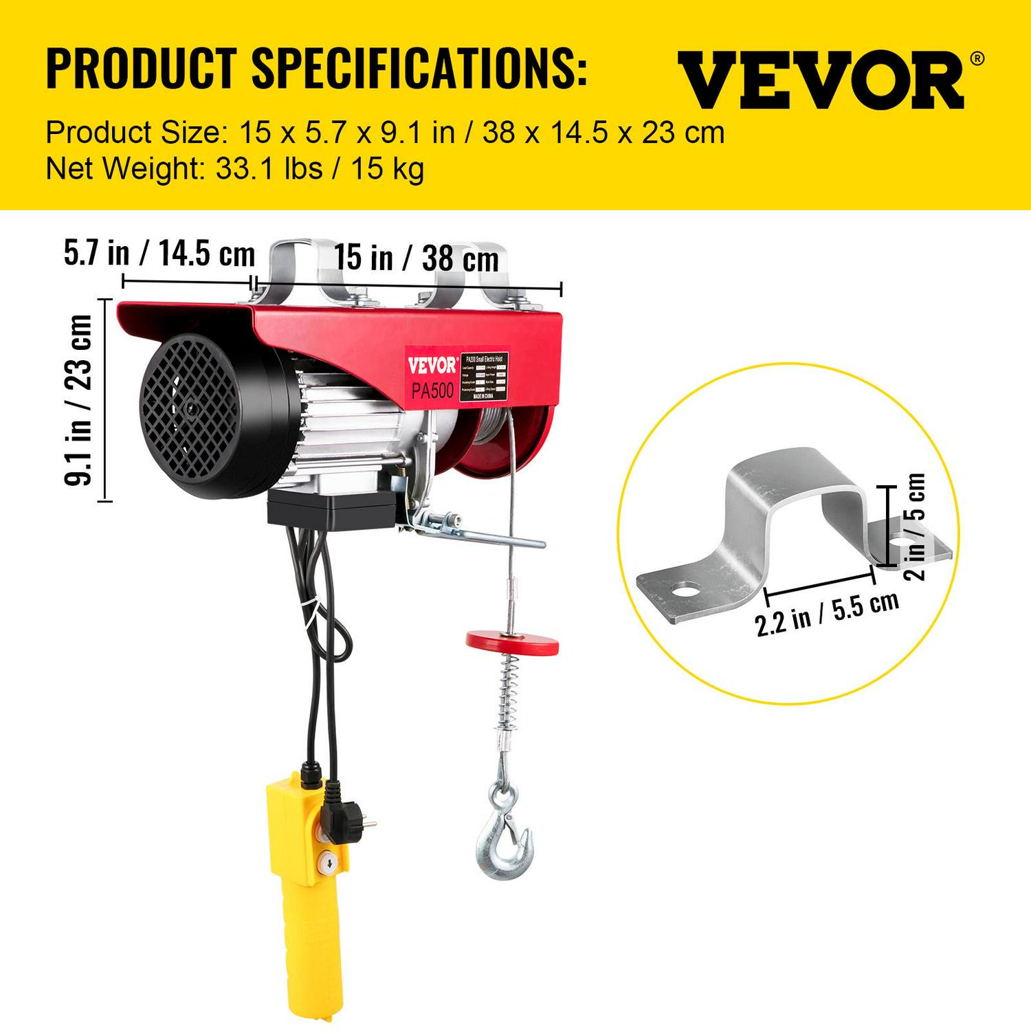 VEVORbrand Lift Electric Hoist 1100lbs， Electric Hoist 110v， Remote Control Electric Winch Overhead Crane Lift Electric Wire Hoist for Factories， Warehouses， Construction， Building， Goods Lifting