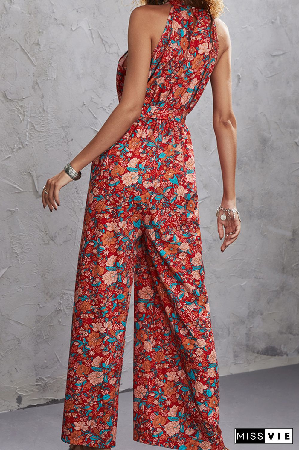 Boho Floral Print Halter Sleeveless Jumpsuit Wholesale