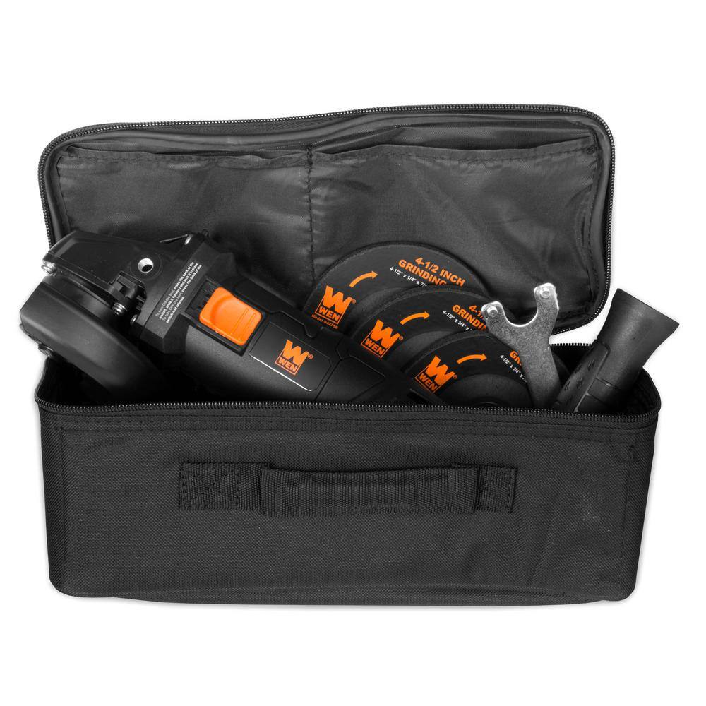 WEN 7.5 Amp Corded 4-12 in. Angle Grinder with Reversible Handle 3 Grinding Discs and Carrying Case 94475