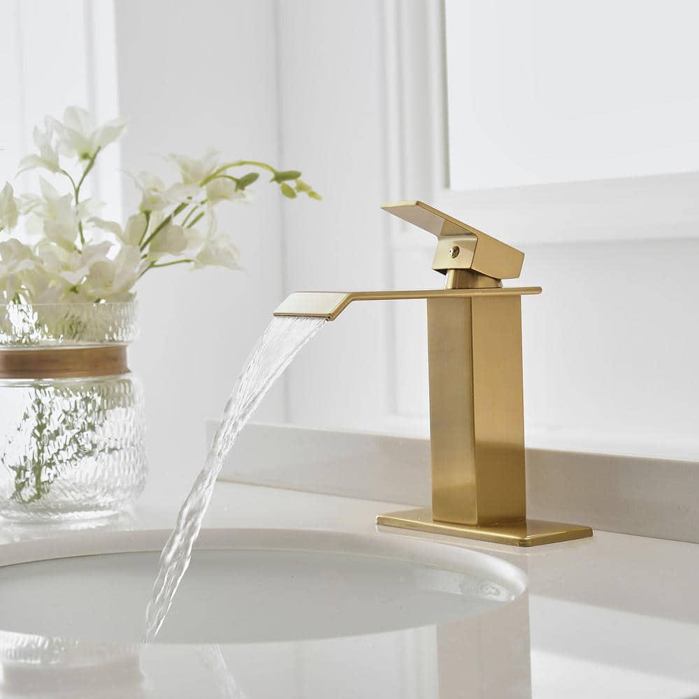 BWE Waterfall Single Hole SingleHandle LowArc Bathroom Faucet With Popup Drain Assembly in Brushed Gold