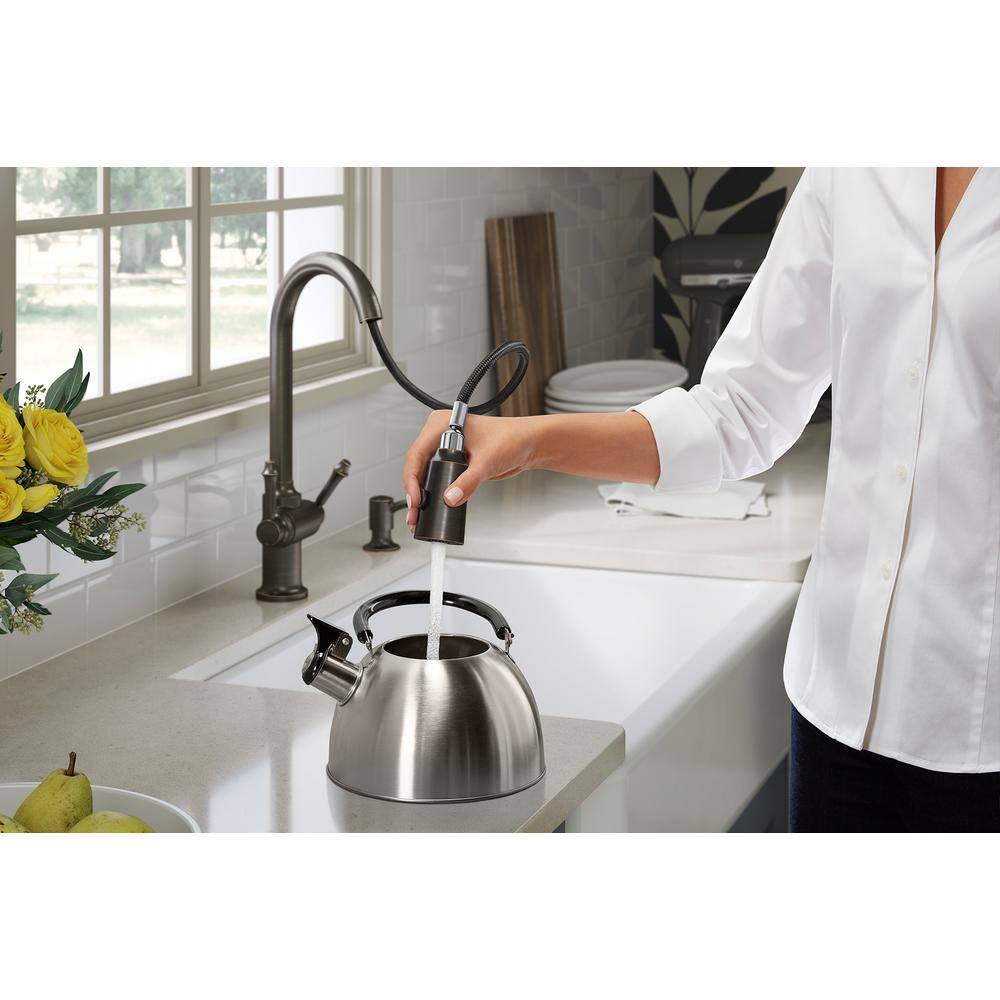 KOHLER Thierry Two Handle Pull-Down Sprayer Kitchen Faucet with Soap Dispenser in Oil-Rubbed Bronze K-R22969-SD-2BZ