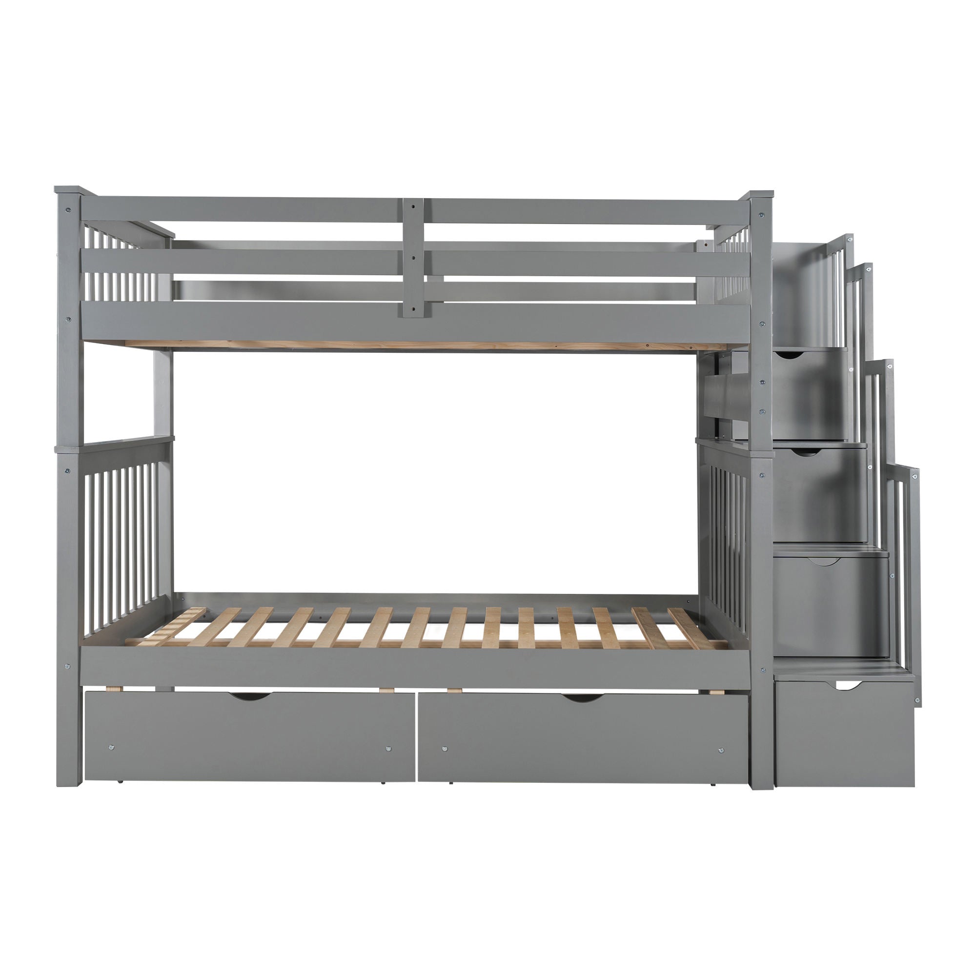 Bellemave Full Over Full Bunk Bed with Stairs and 6 Storage Drawers, Solid Wooden Detachable Bunk Bed Frame with Storage Shelves for Kids Teens Adults (Grey)