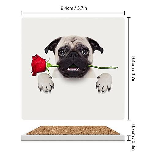 Colourlife Square Drink Coasters 6 Pcs Valentines Dog In Love With Red Rose Absorbent Ceramic Coffee Coasters For Drinks With Cork Base Housewarming G