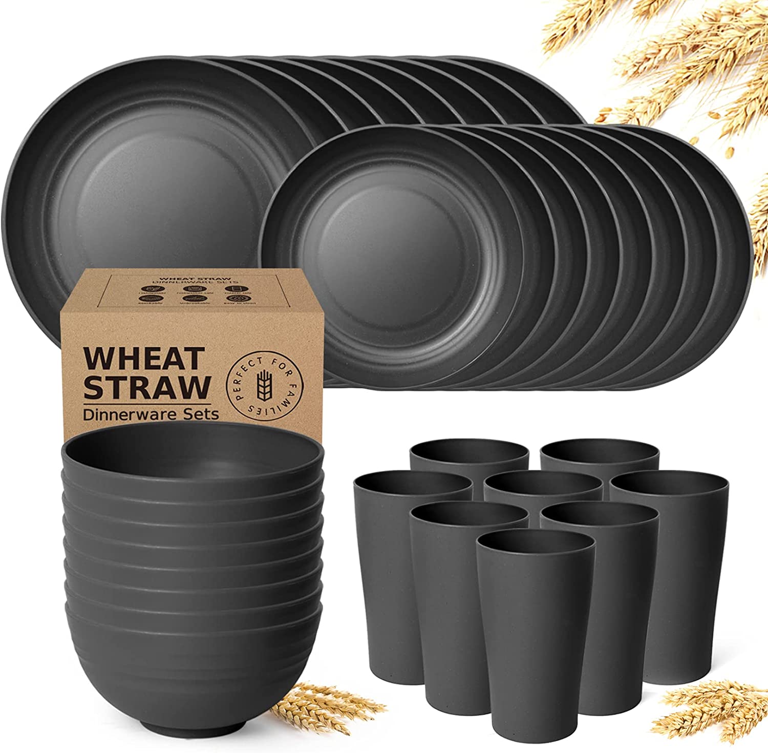 32-Piece Kitchen Wheat Straw Dinnerware Set, Service for 8, Dinner Plates, Dessert Plate, Cereal Bowls, Cups, Unbreakable Plastic Outdoor Camping Dishes, Black