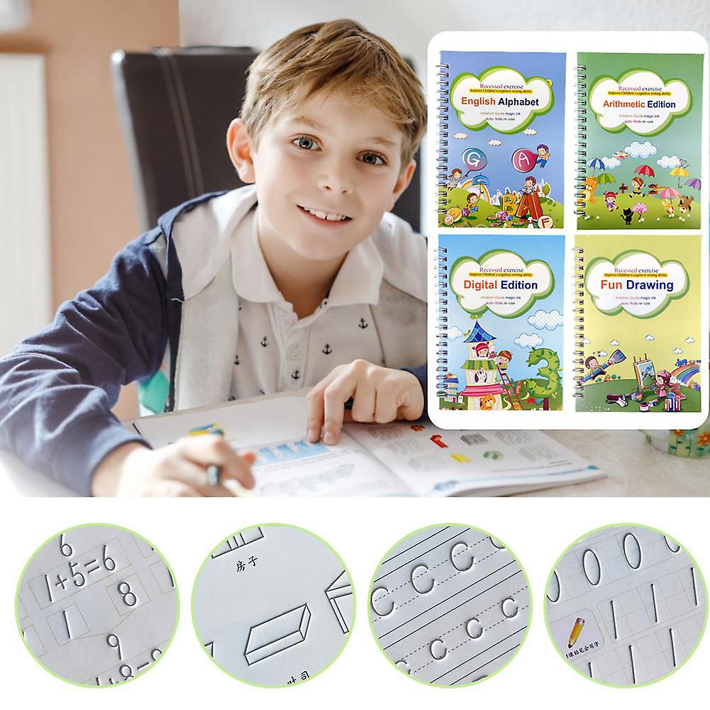 4 Pcs Children Dent Copybook Handwriting Practice Reusable Book For Calligraphy Writing Book Children Learning Supplies With Pen