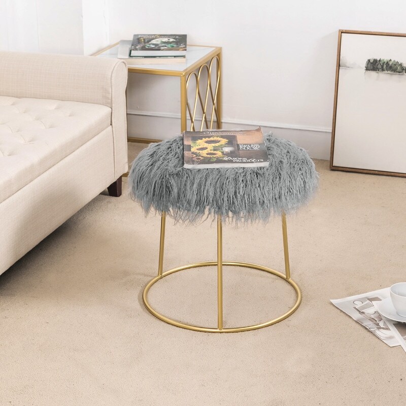 Adeco Vanity Stool Chair Fluffy Ottoman Footrest Round Metal Base