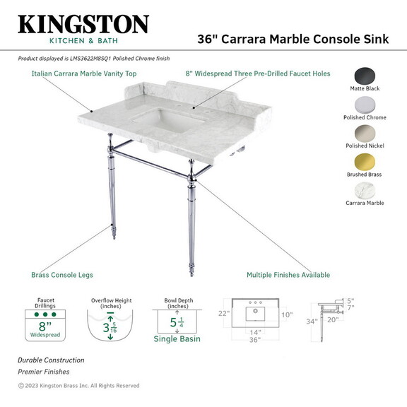 Kingston Brass Habsburg 36 Inch Carrara Marble Con...