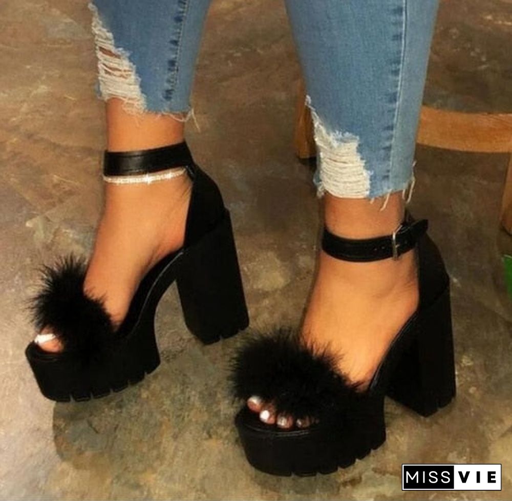 Back To School Outfit  Woman Furry Sandals High Heels With Fur Female Platform Pumps Women Ankle Strap Women'S Wedge Shoes Summer