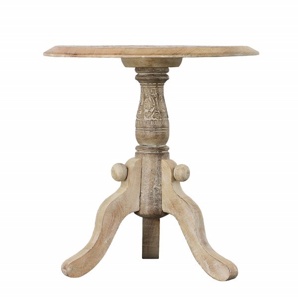 Intricately Carved Round to p Mango Wood Side End Table with Pedestal Base