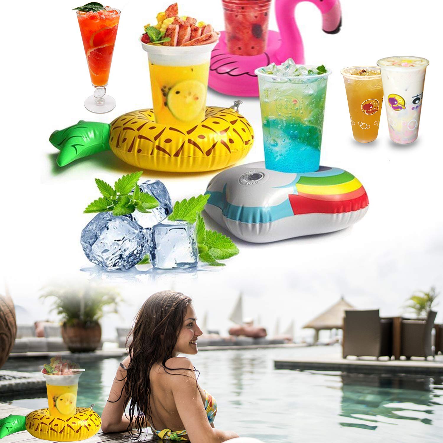 Brave Hours 6 Pack Drink Floats Cute Animal Pool Drink Holder Set Reusable Inflatable Float Cup Coasters for Summer Pool Party,6 Flamingo. Golden Goose