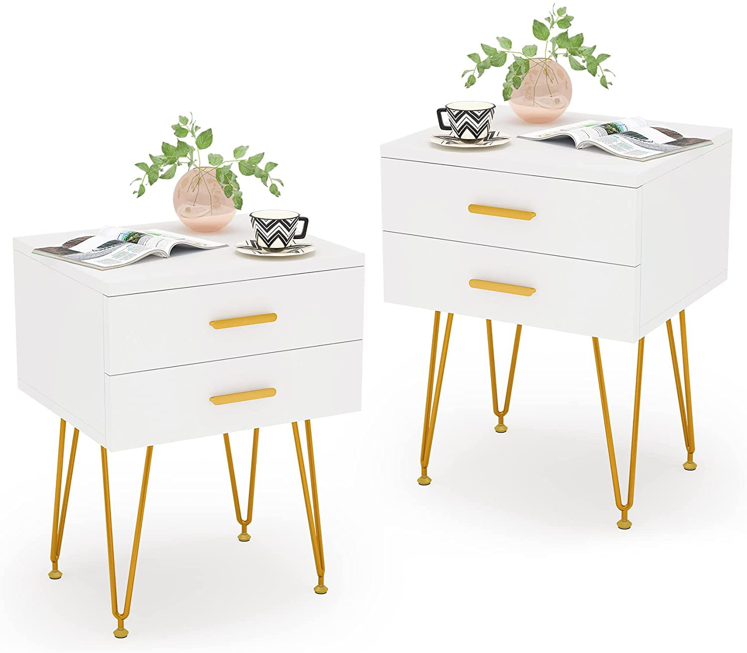 Tribesigns 2-Drawer White and Gold Nightstand, Set of 2, Bedside Table with Splayed Hairpin Metal Legs