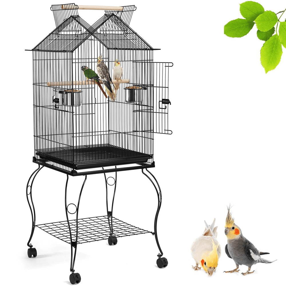 Topeakmart 57''H Open Top Metal Parrot Cage Rolling Birdcage with Perches， Black