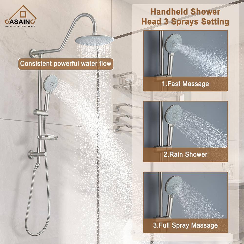 CASAINC 3-Spray Patterns 10 in. Wall Mount Dual Shower Heads Rainfall Shower Head and Handheld Shower in Brushed Nickel CS1914-BN