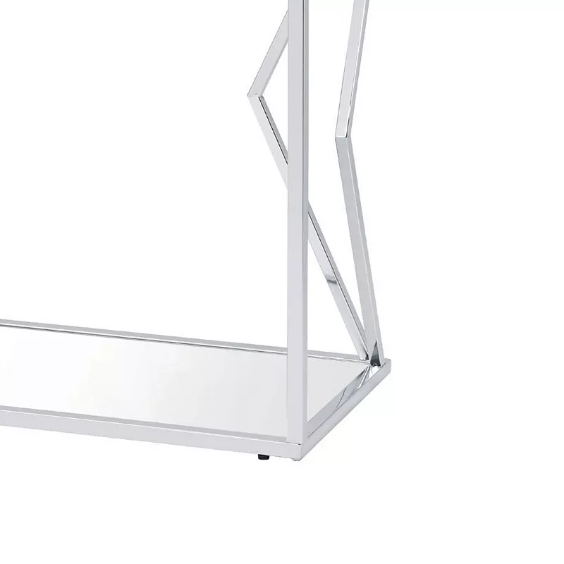 Sofa Table with Glass Top and Bottom Shelf and Geometric Accent， Silver