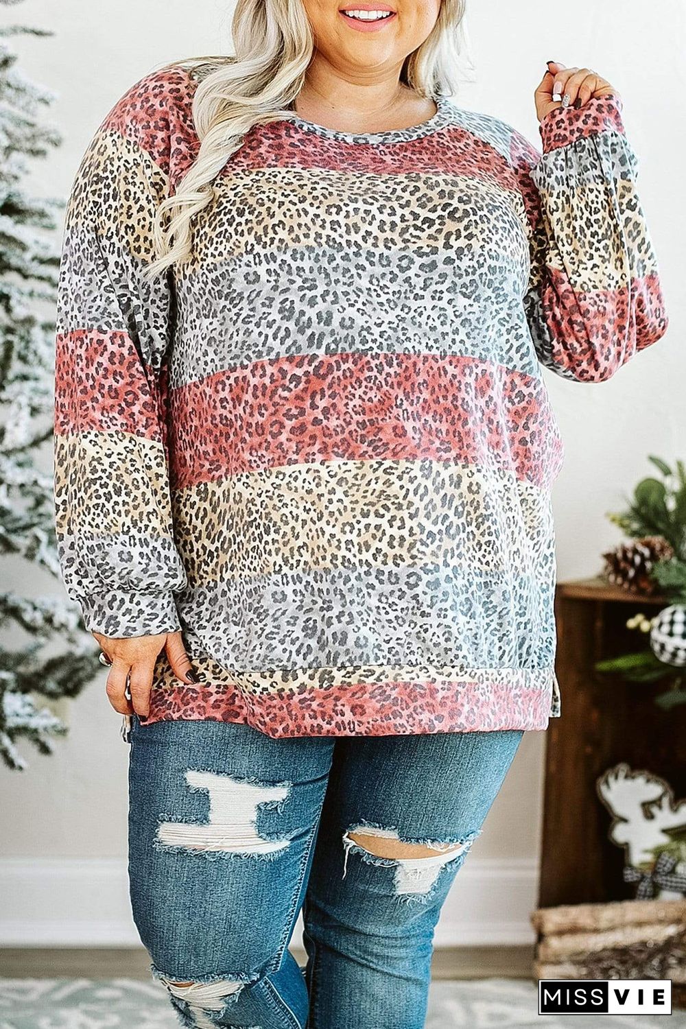 Plus Size Leopard Pullover Long Sleeve Top