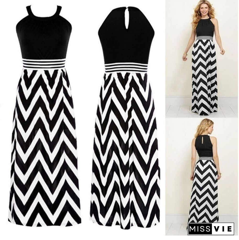 Women Striped Boho Chiffon Long Dress Evening Party Beach skirt